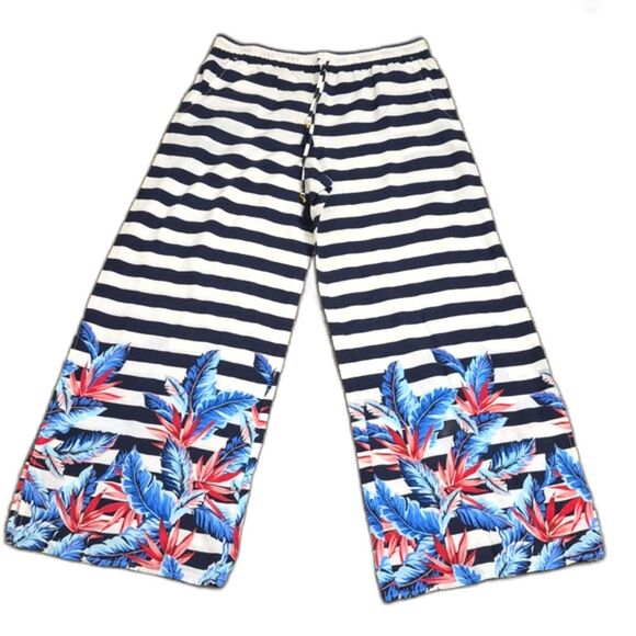 Tommy Bahama Pants - Tommy Bahama Beach Pants XL Navy Stripe Tropical Print Wide Leg Palmsparose NWT